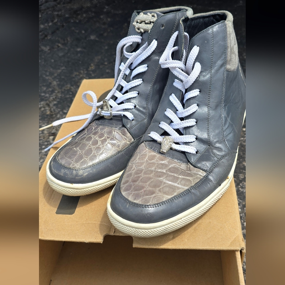 Belvedere Men's Gray Crocodile Skin  High-Top Sneakers